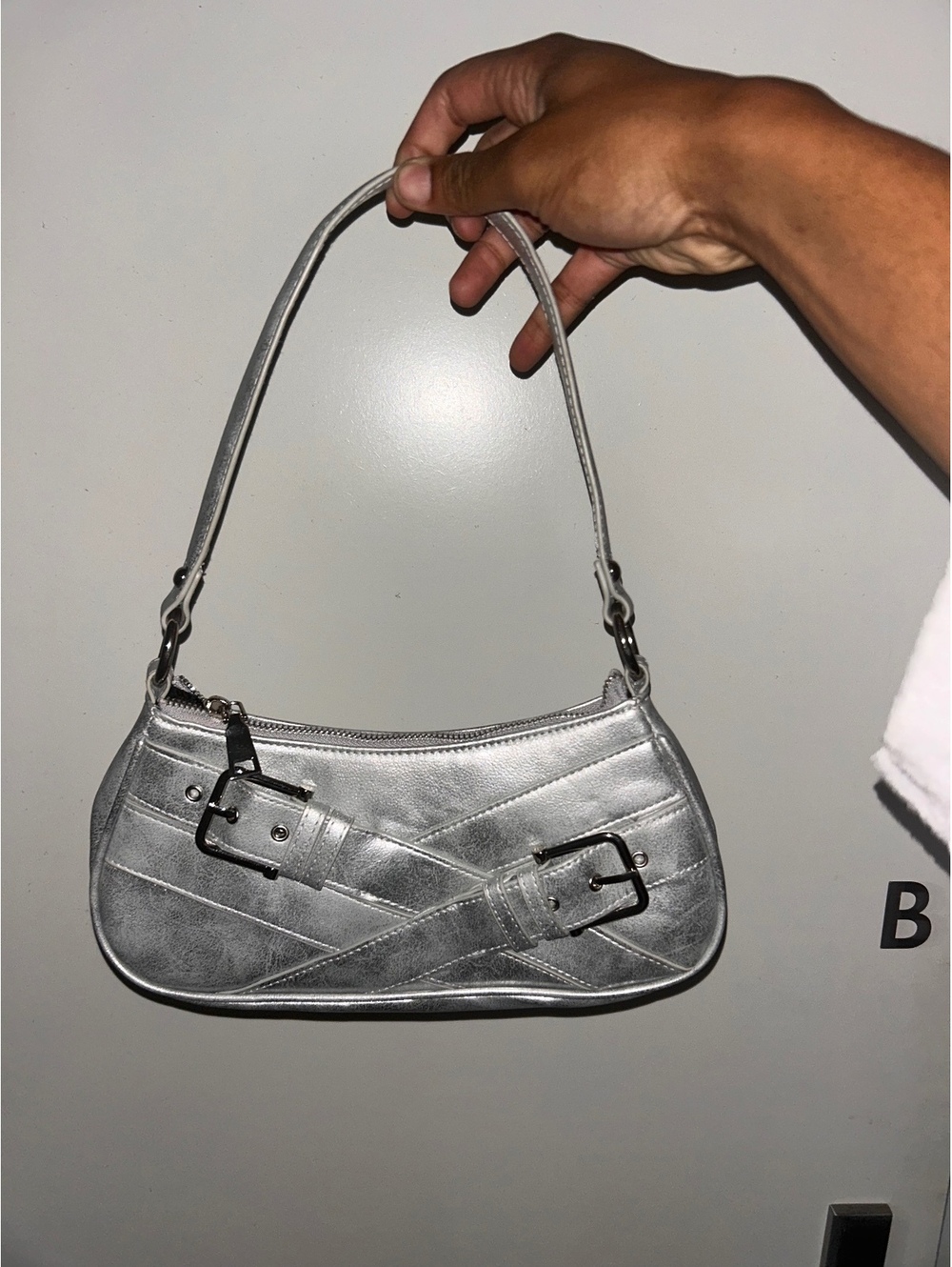 Silver Women's Shoulder Bag with Buckle Detail